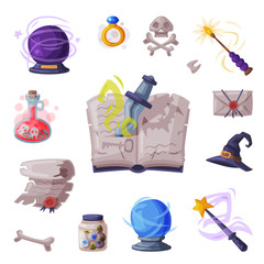 Occult Magic Objects Set, Witchcraft and Mystic Ritual Equipment Cartoon Style Vector Illustration