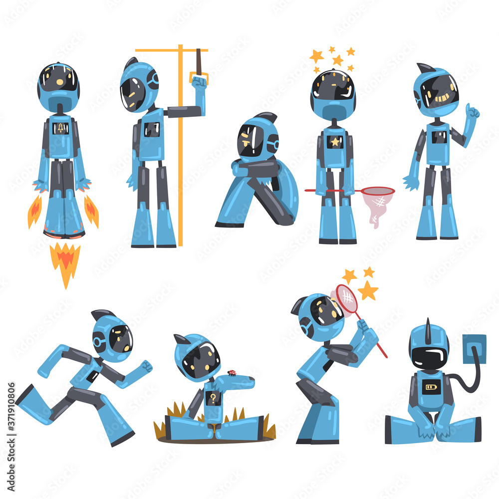 Poster friendly robots set, funny robotics personal assistant character in different situations, artificial