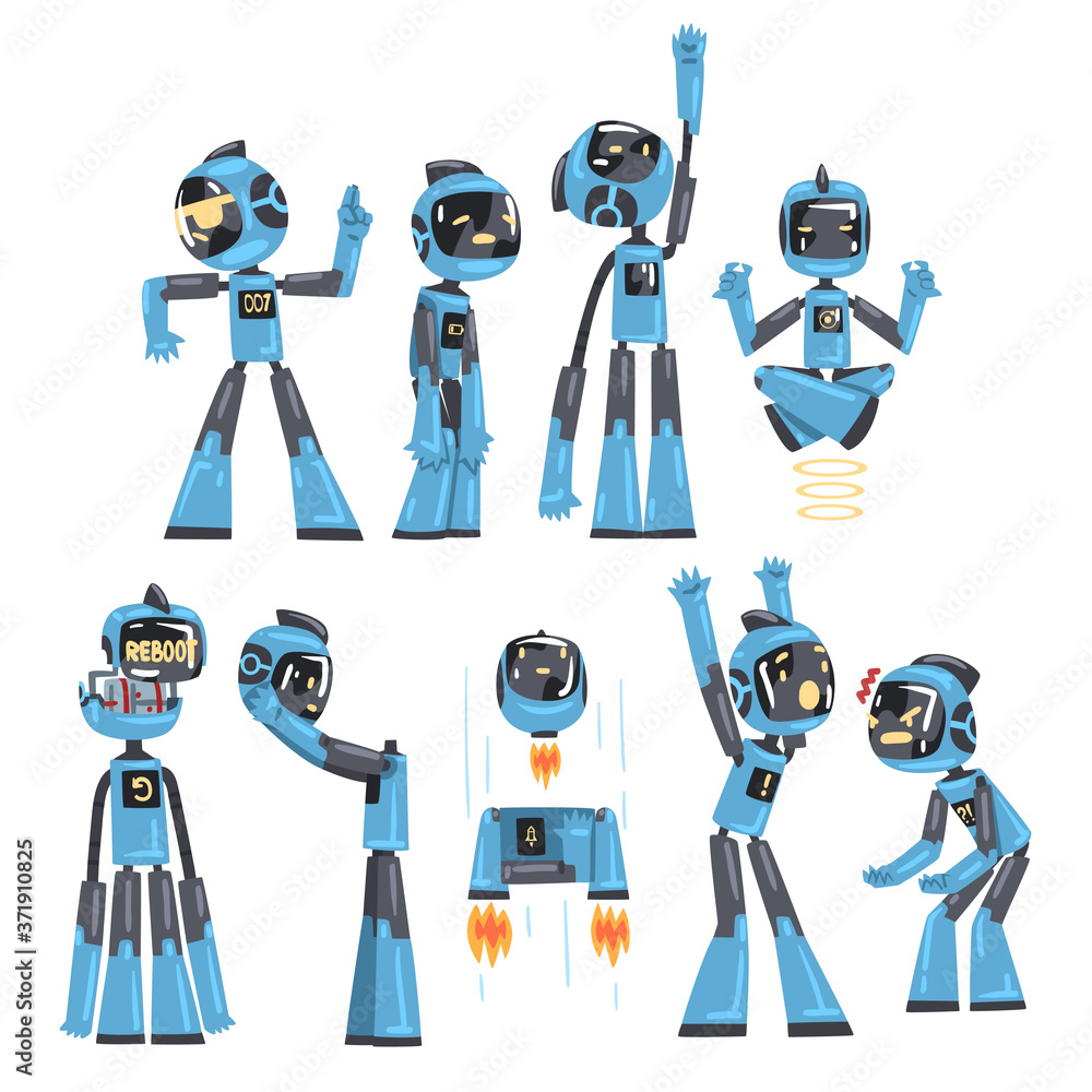Aufkleber friendly robots set, funny robotics character in different situations, artificial intelligence conce