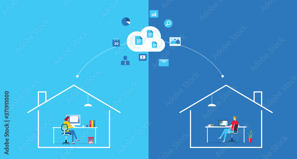 Poster flat vector work from home workplace concept and business smart working online connect with cloud computing server concept