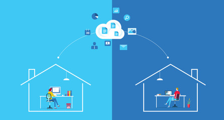 flat vector work from home workplace concept and business smart working online connect with cloud computing server concept