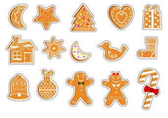 A set of stickers for the holiday. Christmas stickers. Vector illustration isolated on white background. For children, gifts, packaging, shops.