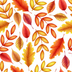 Fototapeta premium Seamless watercolor pattern with hand drawn autumn leaves and branches isolated on white background. Botanical illustration for textile, print, invitation, card, wallpaper, home decor, fabric