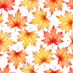 Naklejka na ściany i meble Seamless watercolor pattern with hand drawn maple leaves isolated on white background. Autumn illustration for textile, print, card, invitation, wallpaper, fabric, home decor