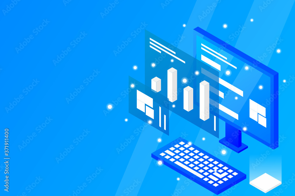 Poster data analysis in isometric vector design. technician in datacenter or data center room background. n