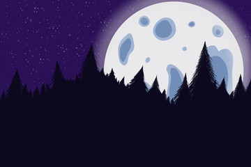 Full moon rising above conifer trees against clear sky. Halloween background.