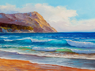 Fototapeta na wymiar Painting seascape. Sea blue wave.