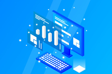 Data analysis in isometric vector design. Technician in datacenter or data center room background. Network mainframe infrastructure website layout. Computer storage or farming workstation.