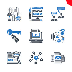 Fototapeta premium SEO Related Vector Glyph Icons Set. Search engine optimization Related Vector Glyph Icons. Social media, domain, marketing, blog, pages, tags, research, consulting, web design. Editable