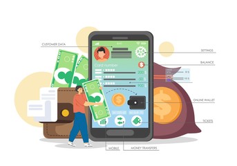 Bank customer making money transaction online using mobile banking app, vector flat illustration