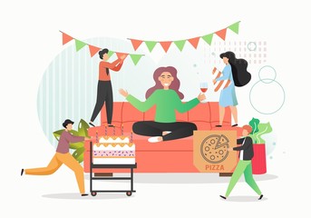 Group of people celebrating corporate party with cake, pizza, wine, vector flat illustration
