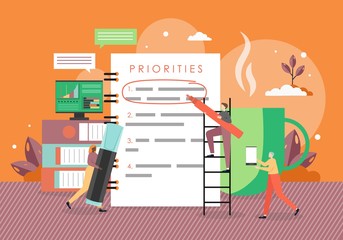 Growth agenda, to do list. Tiny people identifying priority tasks, vector flat illustration