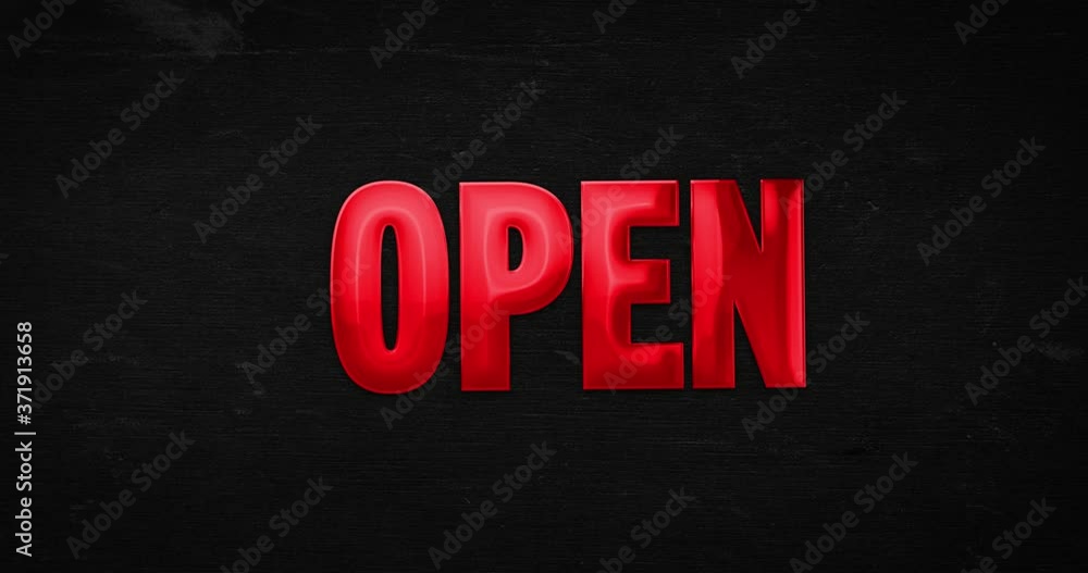 Wall mural open. glossy red word is zoomed into focus. text intro/opener on background (black). 4k animation