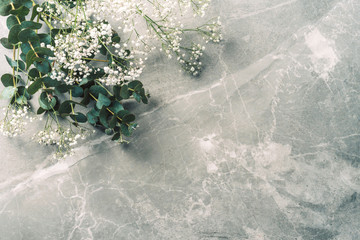 Flowers composition. Mock up. White gypsophila flowers and eucalyptus branches on marble...