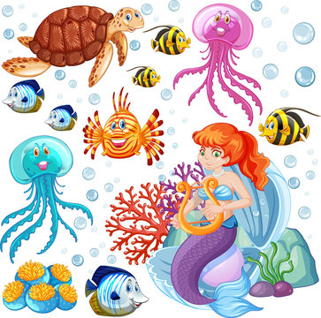 Set of sea animals and mermaid cartoon style on white background