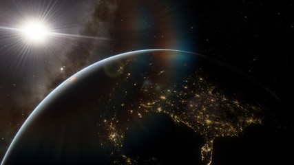 realistic planet Earth from space, science fiction wallpaper, cosmic landscape, oceanic expanses, sunrise over the earth from space, 3d render
