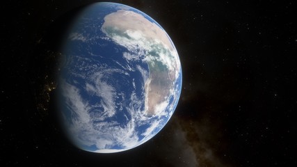 Fototapeta na wymiar realistic planet Earth from space, science fiction wallpaper, cosmic landscape, oceanic expanses, sunrise over the earth from space, 3d render 