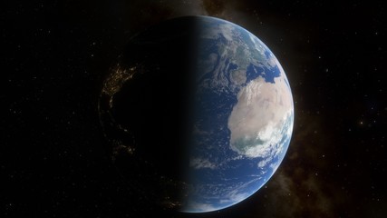 realistic planet Earth from space, science fiction wallpaper, cosmic landscape, oceanic expanses, sunrise over the earth from space, 3d render
