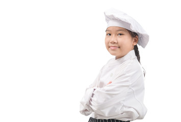 Portrait of Happy little girl in chef uniform smile isolated on white