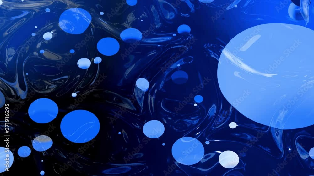 Poster beautiful abstract looped background of shiny glossy surface like wavy blue liquid with circles floa
