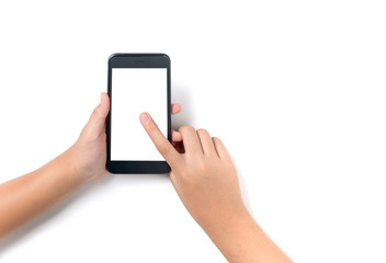 Child hand holding black smartphone and touch on white screen for advertise or banner isolated