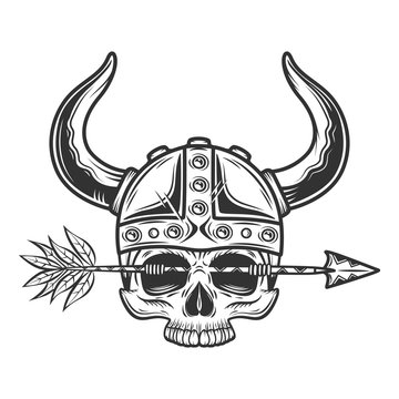 Viking skull without jaw with horned helmet and arrow through the eyes vintage monochrome isolated vector illustration