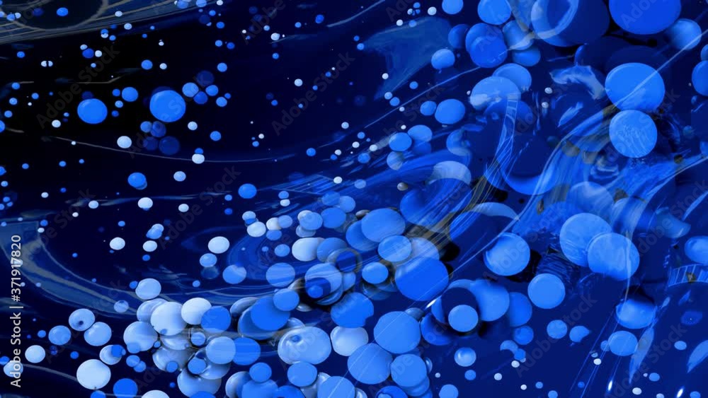 Poster beautiful abstract looped background of shiny glossy surface like wavy blue liquid with circles floa