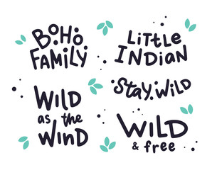 Set of hand lettering phrases about boho style.