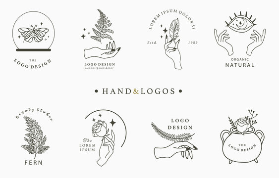 Beauty occult logo collection with hand,geometric,crystal,moon,star,flower.Vector illustration for icon,logo,sticker,printable and tattoo