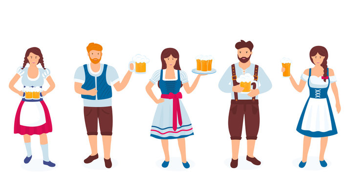 A group of guys and girls in national German costumes are holding glasses of beer. Celebration of Oktoberfest