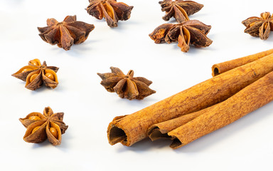 Assorted colorful spices on a white background. Healthy diet lifestyle.