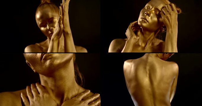 Collage of a charming girl with Golden skin dancing beautifully indoors on a black isolated background
