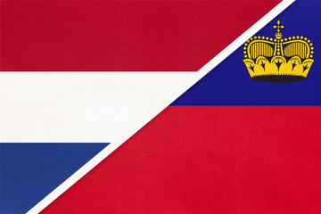 Netherlands or Holland and Liechtenstein, symbol of national flags from textile. Championship between two countries.