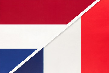 Netherlands or Holland and France, symbol of national flags from textile. Championship between two countries.