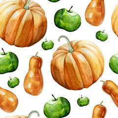Watercolor hand painted seamless pattern with ripe orange pumpkins and green  apples on white background. Perfect for creating unique fall, thanksgiving or halloween designs.