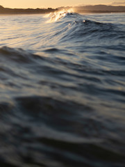 Small waves breaking on a surf beach, New Zealand. 