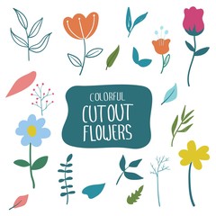 Cutout colorful flowers and floral elements set. Scandinavian geometric abstract plant silhouettes. Minimalistic simple collection