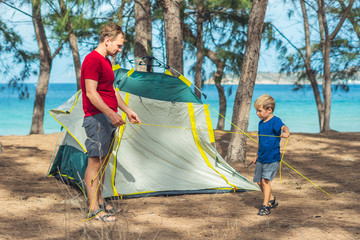 Camping people outdoor lifestyle tourists put up set up green grey campsite summer forest near...