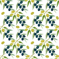 Fototapeta na wymiar Seamless pattern with olive branches and olives. For postcards, wallpaper, fabric, wrapping paper. Design done in watercolor.