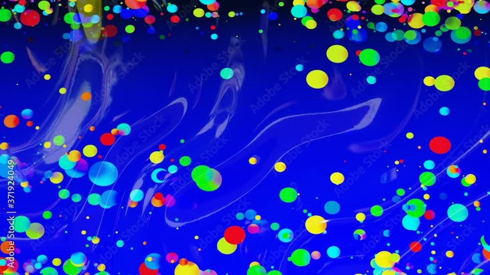 Poster abstract looped background of shiny glossy surface like wavy blue liquid with rainbow color circles 