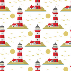 Vector sea seamless pattern with lighthouse. Blue and white seamless set. Marine background for poster, invitations