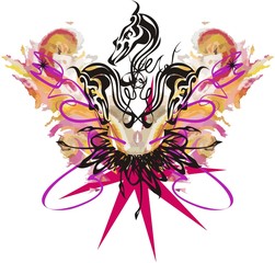 Grunge heron heads with floral elements. Three decorative heron heads against the background of violet-orange natural splashes for greeting cards, prints, textiles, wallpaper, etc.