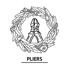 Hand drawn black and white wreath with the set of construction tools with screwdriver, office knife, spanner, hammer, tape measure and pliers. Professional labor builder and worker day set. Work Day.