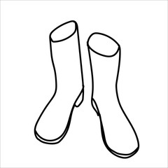 Autumn line art rain boots. Hello autumn concept. Suitable for collage, postcards, stickers, posters, stamps, logos, labels and more. Modern hand-drawn Vector illustration isolated on white.
