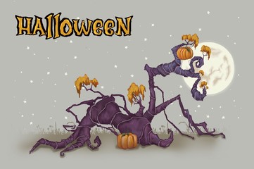 Background for Halloween. Black tree against the background of the full moon. Halloween pumpkins with glow. High quality illustration