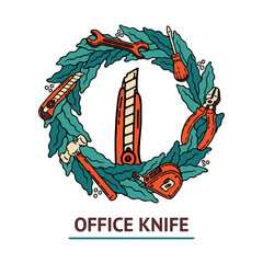 Professional labor day roulette office knife. Work Day. Hand drawn orange and green wreath with the set of construction tools with screwdriver, office knife, spanner, hammer, tape measure and pliers