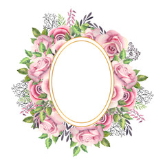 Pink rose flowers, green leaves, berries in a gold geometric frame. Wedding concept with flowers. Watercolor compositions for the decoration of greeting cards or invitations