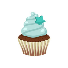 Yummy sweet cupcake with cream, color vector illustration. Original flavour and kind