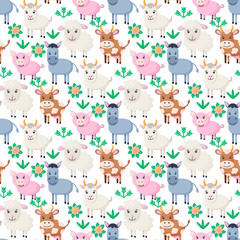 Farm animals seamless pattern. Collection of cartoon cute baby animals. pig, donkey, goat, cow. 
