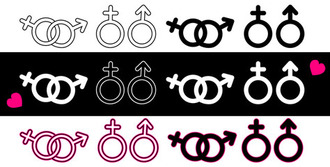 Gender symbol. female sign and male sign. Love and scarlet heart. Vector outline drawings on white and black background. Isolate.